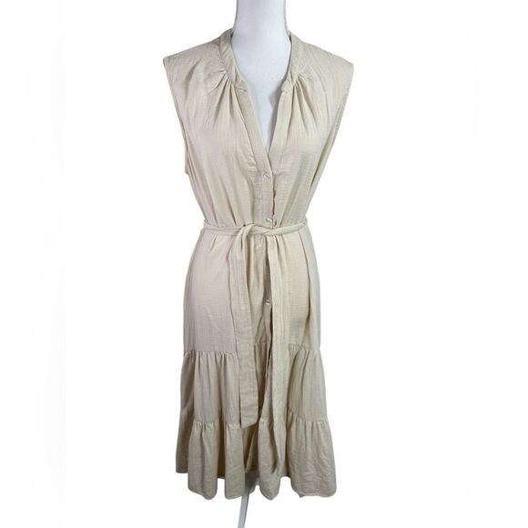 DREW Anthropologie Josephine Cream Tiered Hi Lo Button Up Dress Size L - Picture 2 of 11